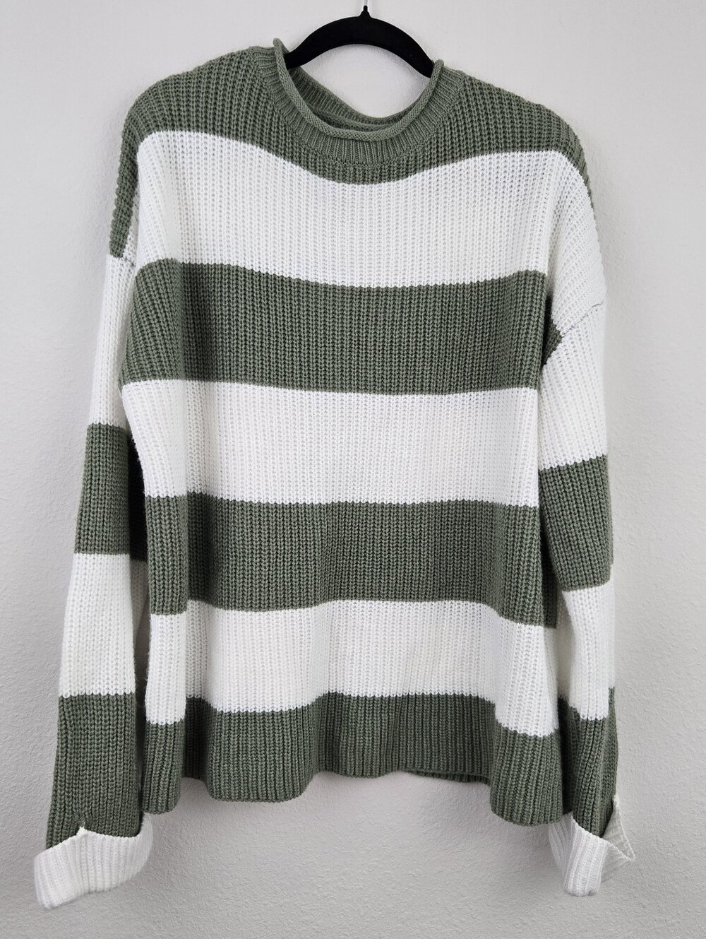 Striped White And Green Knit Sweater
